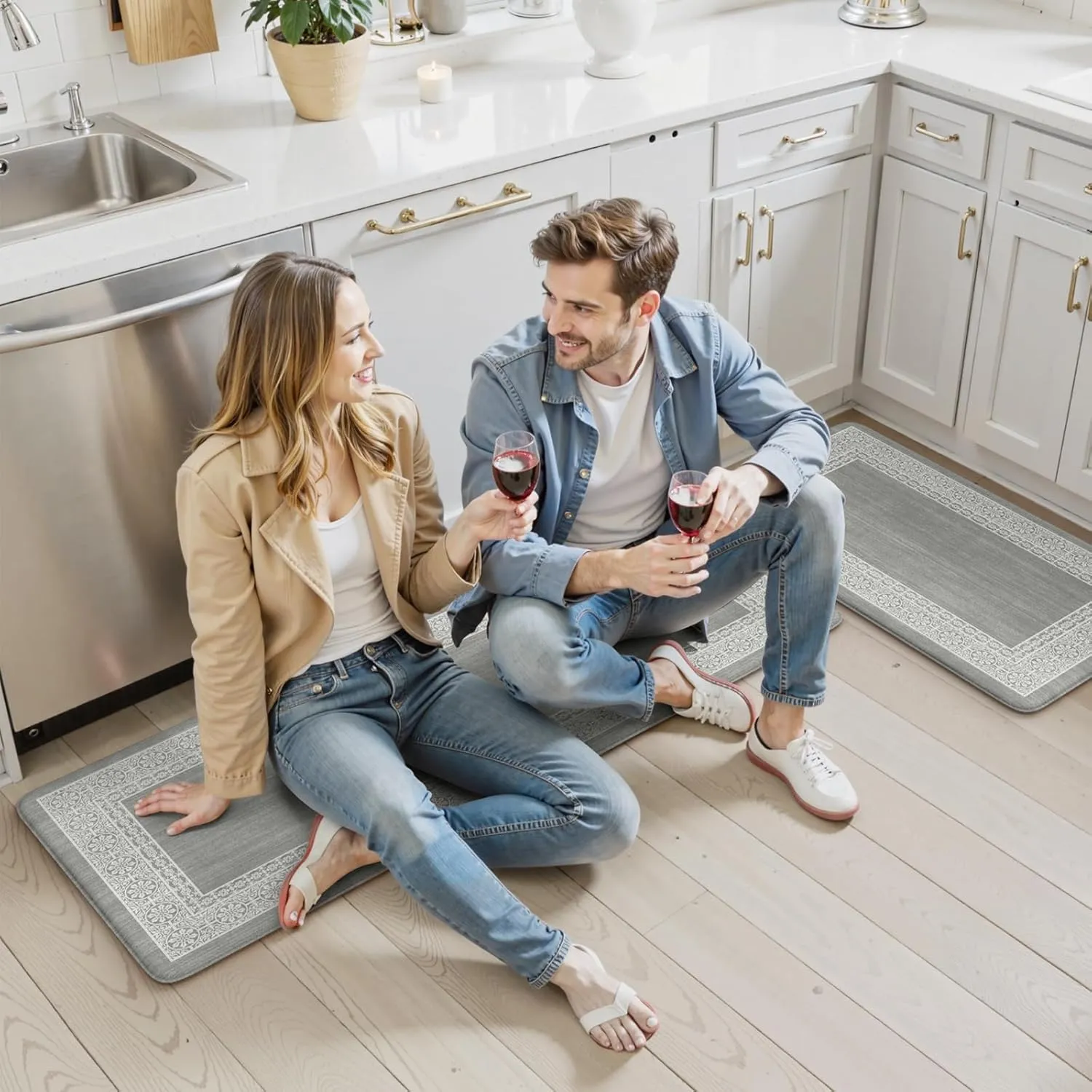 Kitchen Mats for Floor 2 Piece, Kitchen Anti Fatigue Mat Non Slip Cushioned Kitchen Floor Mats, Comfort Light Grey Kitchen Rugs Runner Padded Standing Desk Mat for Sink Laundry