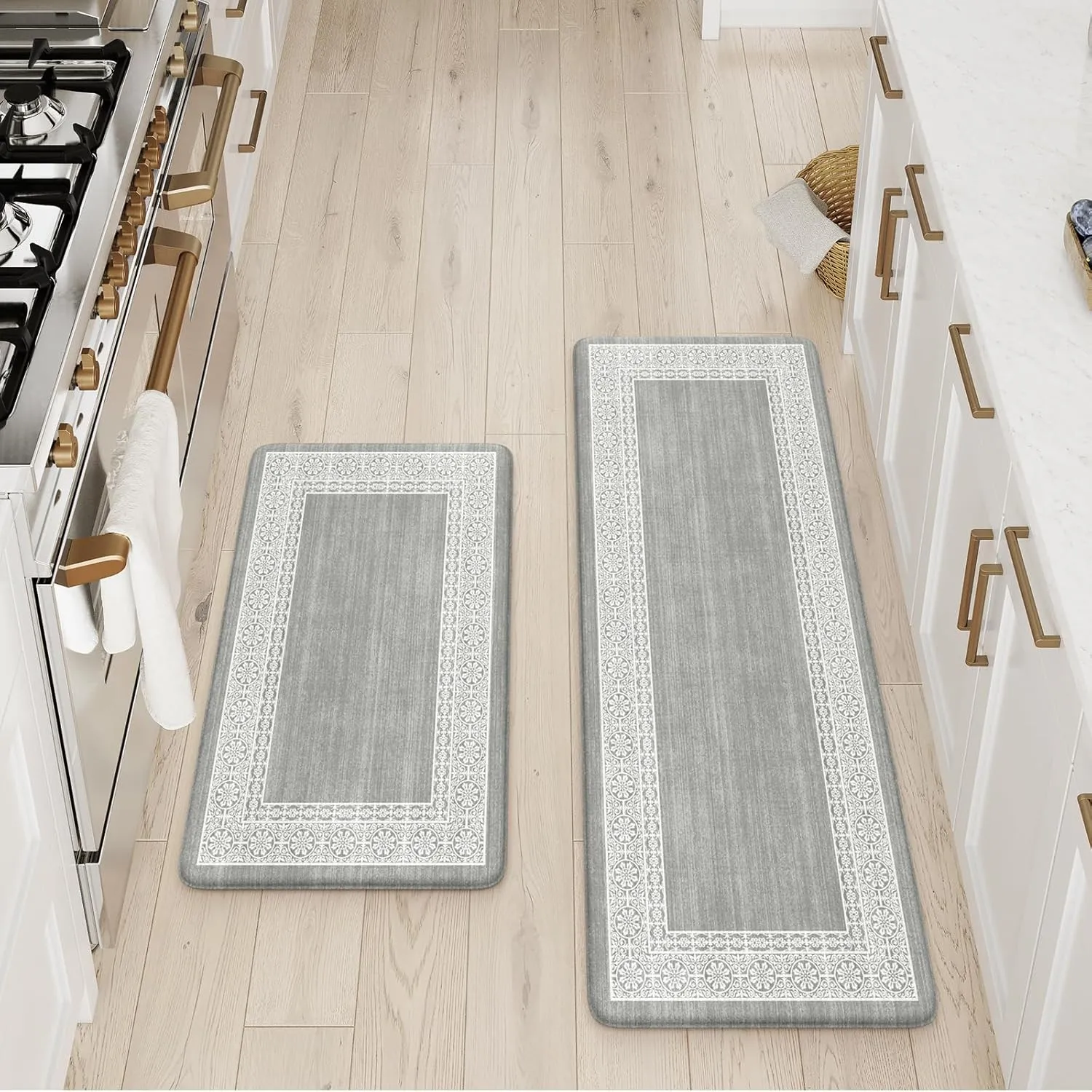 Kitchen Mats for Floor 2 Piece, Kitchen Anti Fatigue Mat Non Slip Cushioned Kitchen Floor Mats, Comfort Light Grey Kitchen Rugs Runner Padded Standing Desk Mat for Sink Laundry