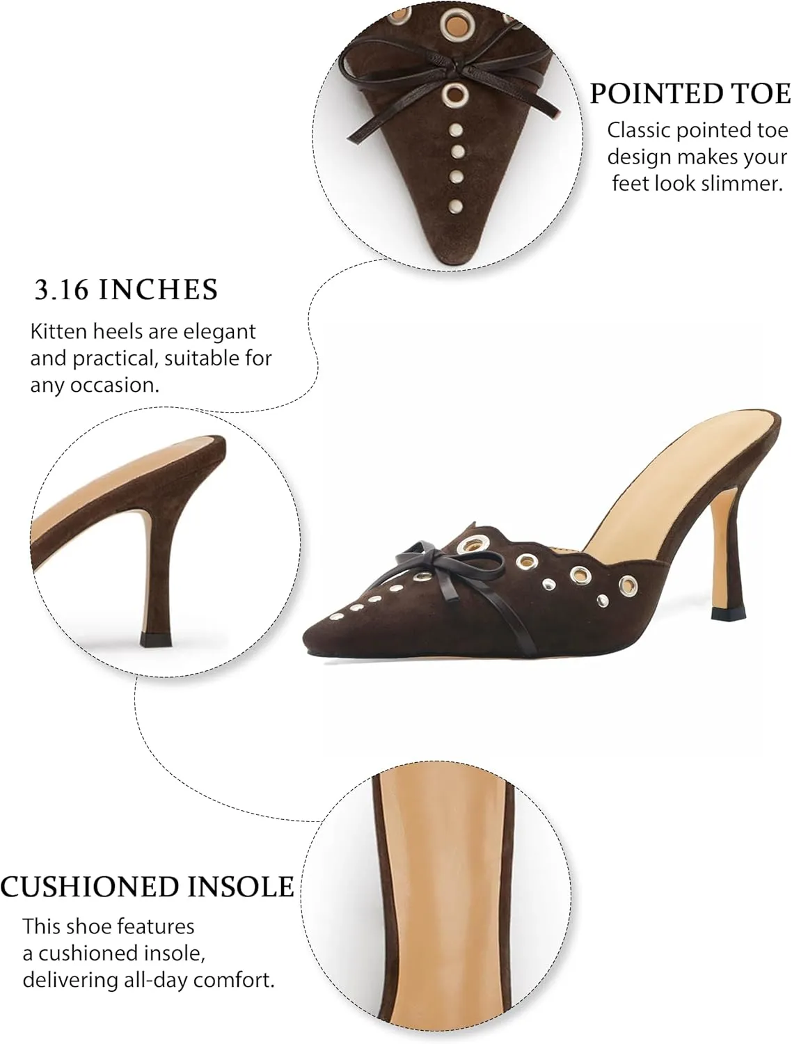 Kitten Heels for Women Pointed Toe Heels Studded Slip On Bow Heels Mules Faux Suede Sandals Kitten Heel Pumps