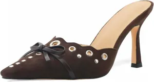 Kitten Heels for Women Pointed Toe Heels Studded Slip On Bow Heels Mules Faux Suede Sandals Kitten Heel Pumps