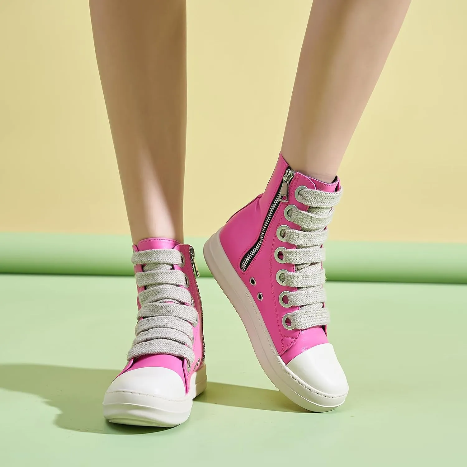 Kluolandi Fashion High Top Sneakers for Women Wide Lace Up Black White Platform Sneaker Shoes with Zipper