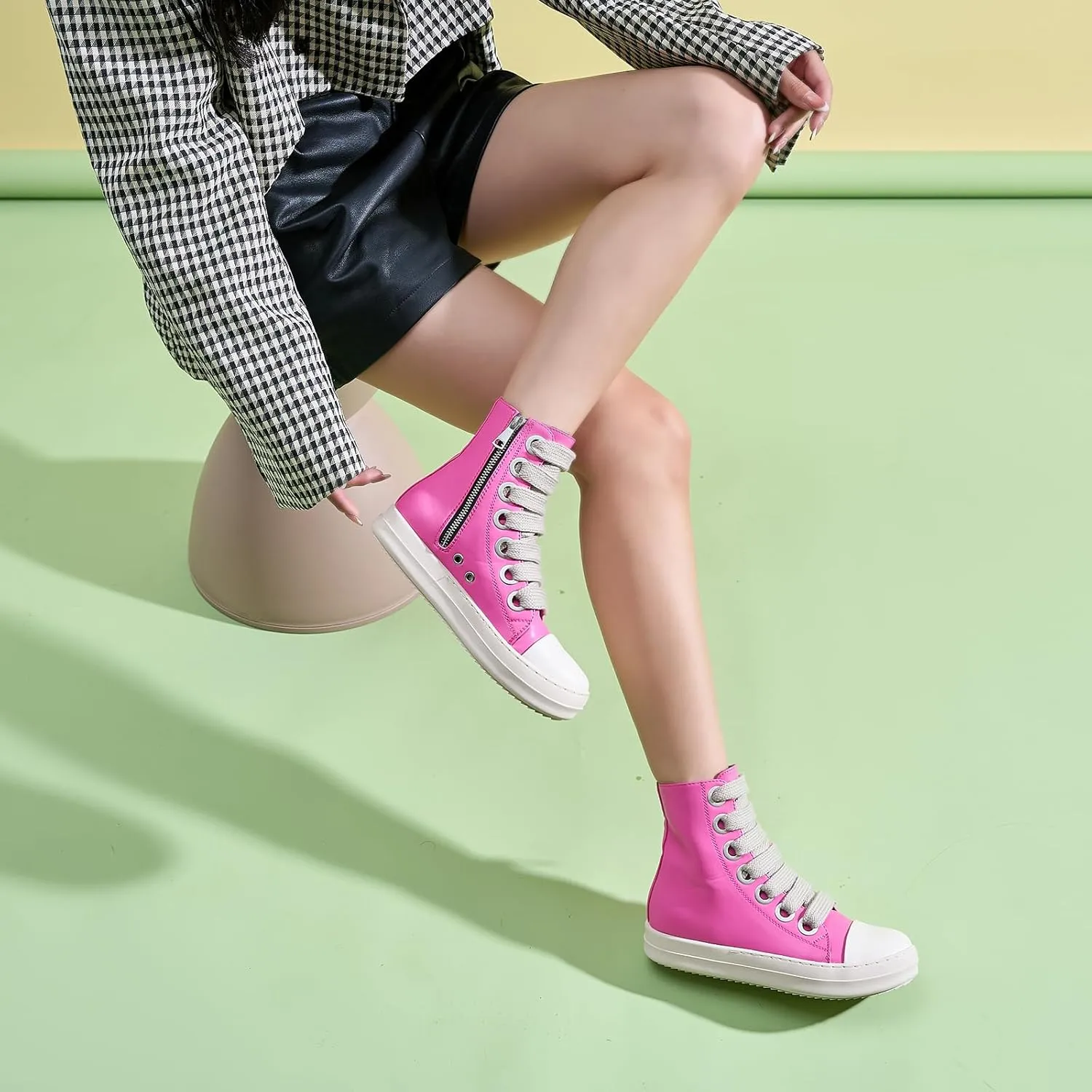 Kluolandi Fashion High Top Sneakers for Women Wide Lace Up Black White Platform Sneaker Shoes with Zipper
