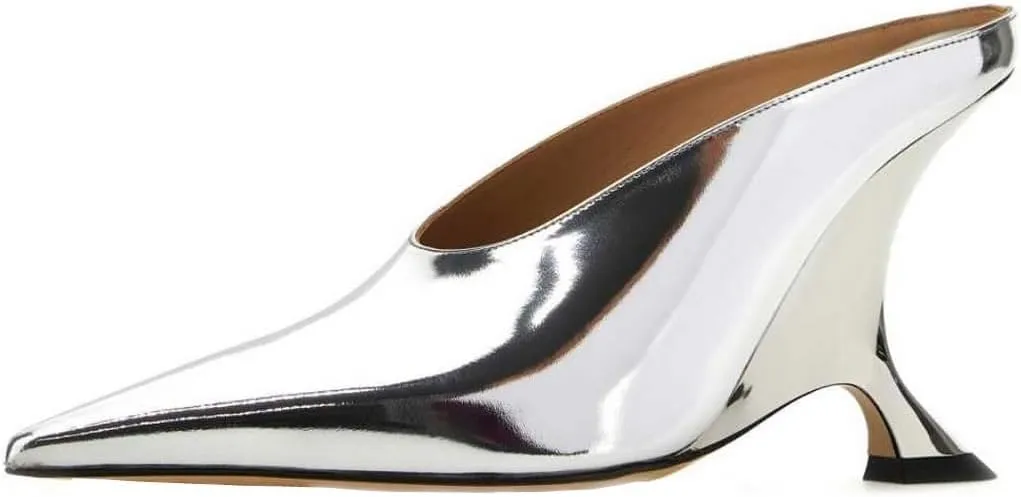 Kluolandi Metallic Heeled Mules for Women Sexy Pointed Closed Toe Slip On Wedge Mule Pumps Heels