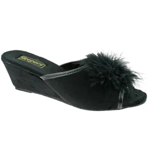 LADIES SLEEPERS ANNE FEATHER BOA FLUFFY BLACK WEDGE MULE SLIPPERS LS857A KD