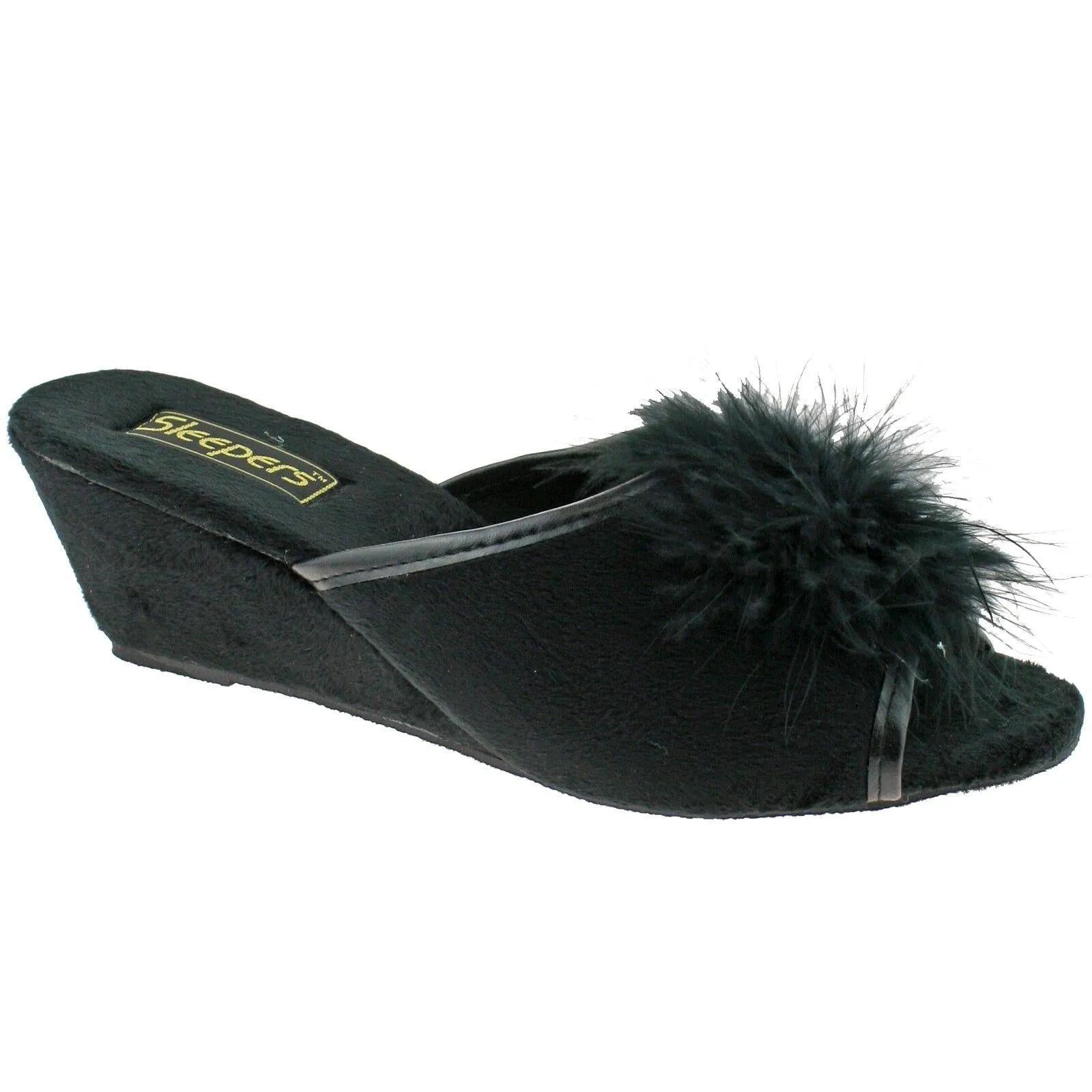 LADIES SLEEPERS ANNE FEATHER BOA FLUFFY BLACK WEDGE MULE SLIPPERS LS857A KD