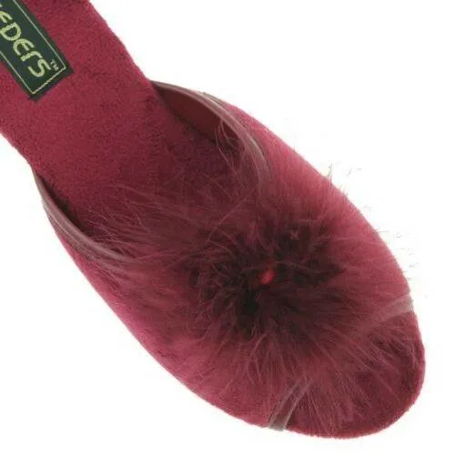 LADIES SLEEPERS ANNE FEATHER BOA FLUFFY BURGUNDY WEDGE MULE SLIPPERS LS857BD KD