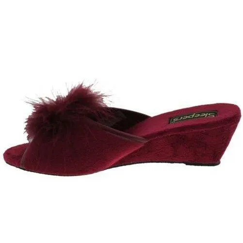 LADIES SLEEPERS ANNE FEATHER BOA FLUFFY BURGUNDY WEDGE MULE SLIPPERS LS857BD KD