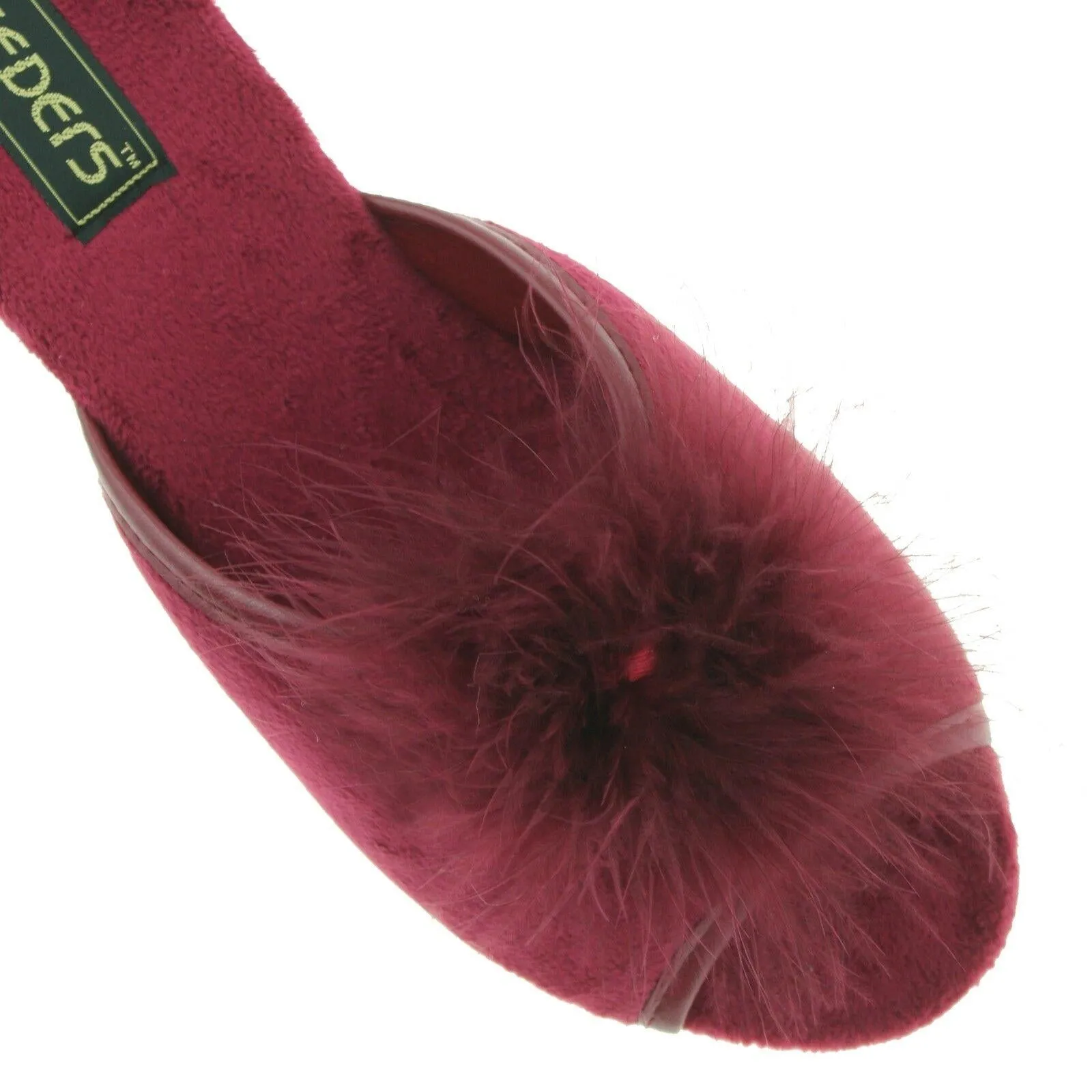 LADIES SLEEPERS ANNE FEATHER BOA FLUFFY BURGUNDY WEDGE MULE SLIPPERS LS857BD KD