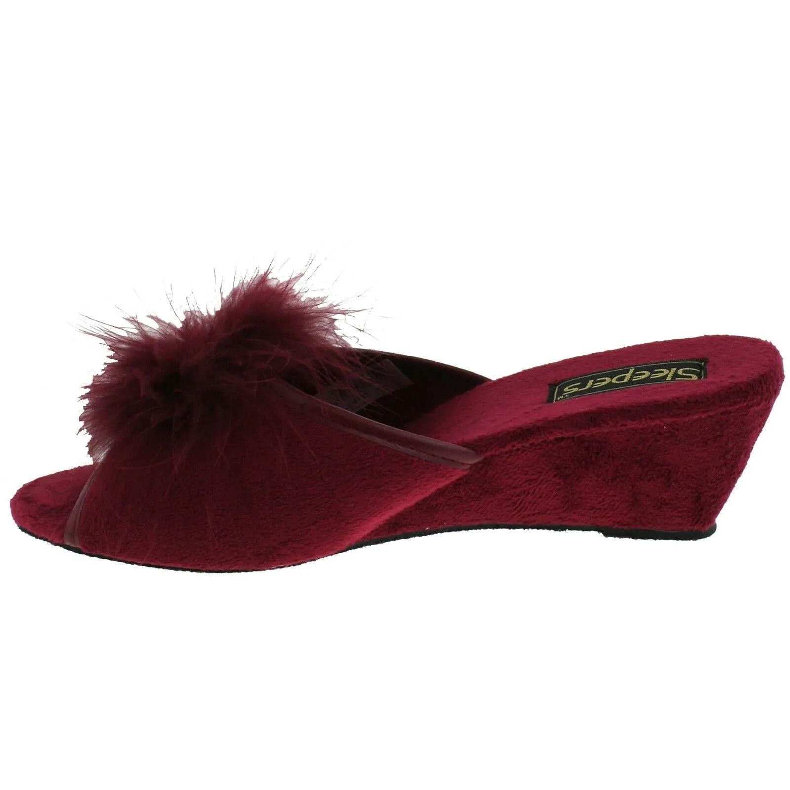 LADIES SLEEPERS ANNE FEATHER BOA FLUFFY BURGUNDY WEDGE MULE SLIPPERS LS857BD KD