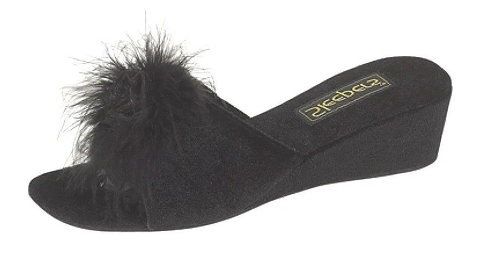LADIES SLEEPERS ANNE FEATHER BOA FLUFFY BURGUNDY WEDGE MULE SLIPPERS LS857BD KD