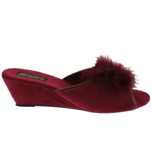 LADIES SLEEPERS ANNE FEATHER BOA FLUFFY BURGUNDY WEDGE MULE SLIPPERS LS857BD KD