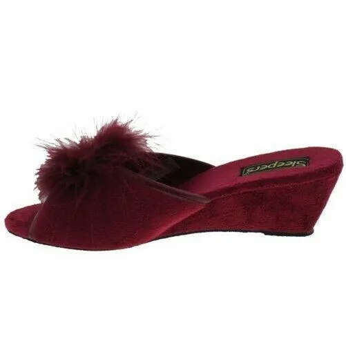 LADIES SLEEPERS ANNE FEATHER BOA FLUFFY BURGUNDY WEDGE MULE SLIPPERS LS857BD KD
