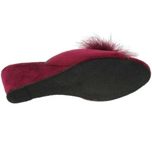 LADIES SLEEPERS ANNE FEATHER BOA FLUFFY BURGUNDY WEDGE MULE SLIPPERS LS857BD KD