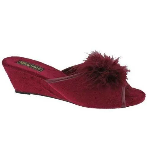 LADIES SLEEPERS ANNE FEATHER BOA FLUFFY BURGUNDY WEDGE MULE SLIPPERS LS857BD KD