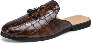Leisure Loafer for Men Vegan Leather Crocodile Embossed Mule Shoes Round Toe Backless Sandals Slip on Tassel Stitching Slip Resistant Soft Slippers Solid Color Casual