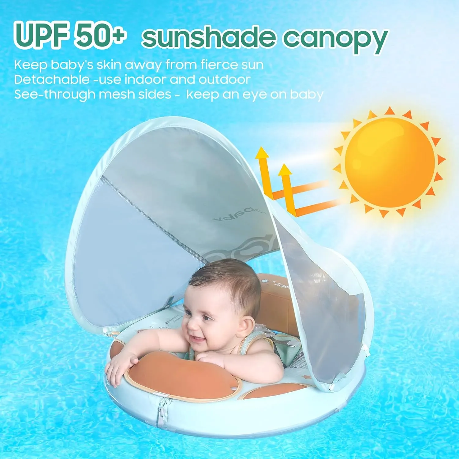 Mambobaby Non-Inflatable Baby Pool Float with Tail and Canopy UPF 50  Sun Protection No Flip Over Infant Swim Float Skin-Friendly Mambo Float Swim Trainer Solid Baby Swimming Ring Foldable Style