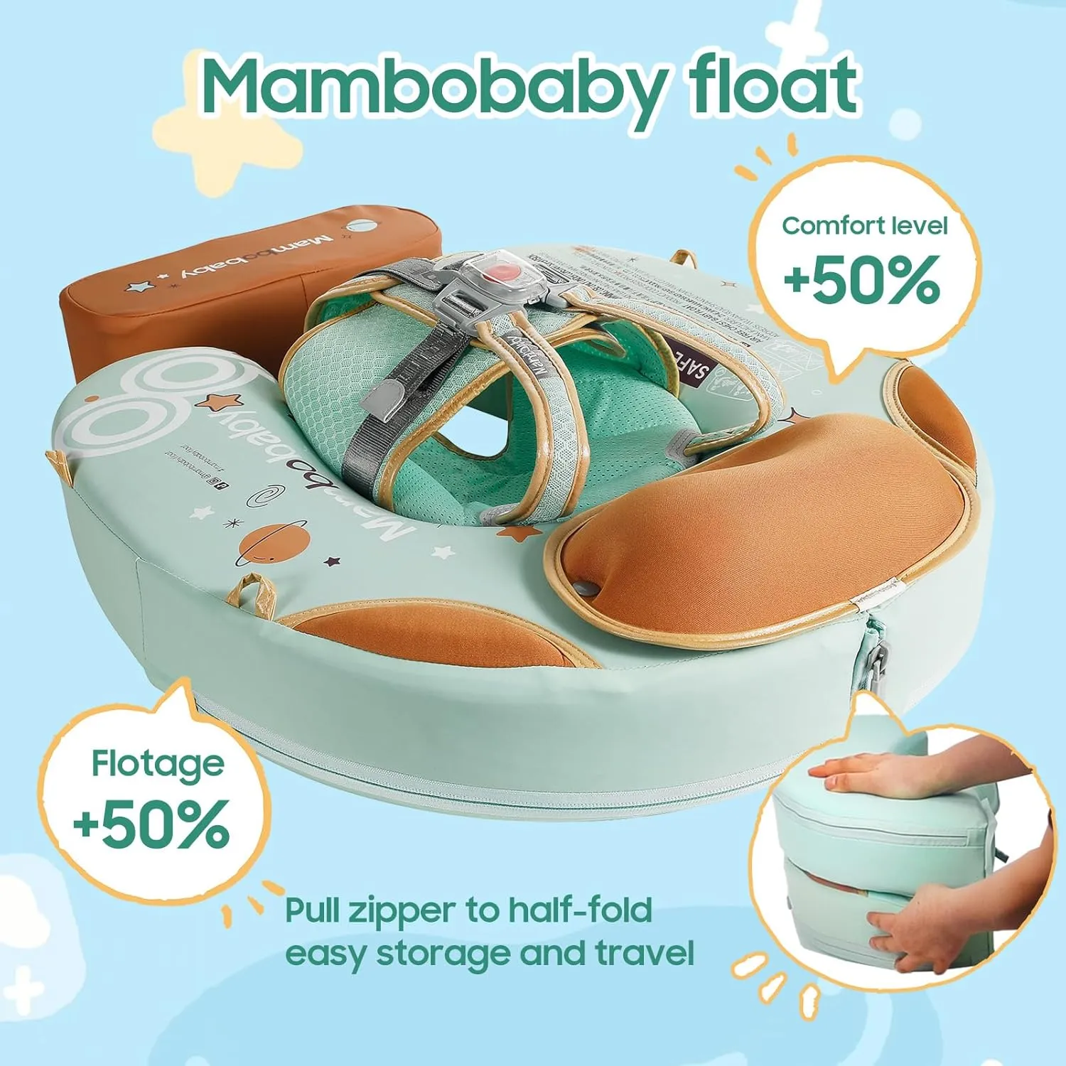 Mambobaby Non-Inflatable Baby Pool Float with Tail and Canopy UPF 50  Sun Protection No Flip Over Infant Swim Float Skin-Friendly Mambo Float Swim Trainer Solid Baby Swimming Ring Foldable Style