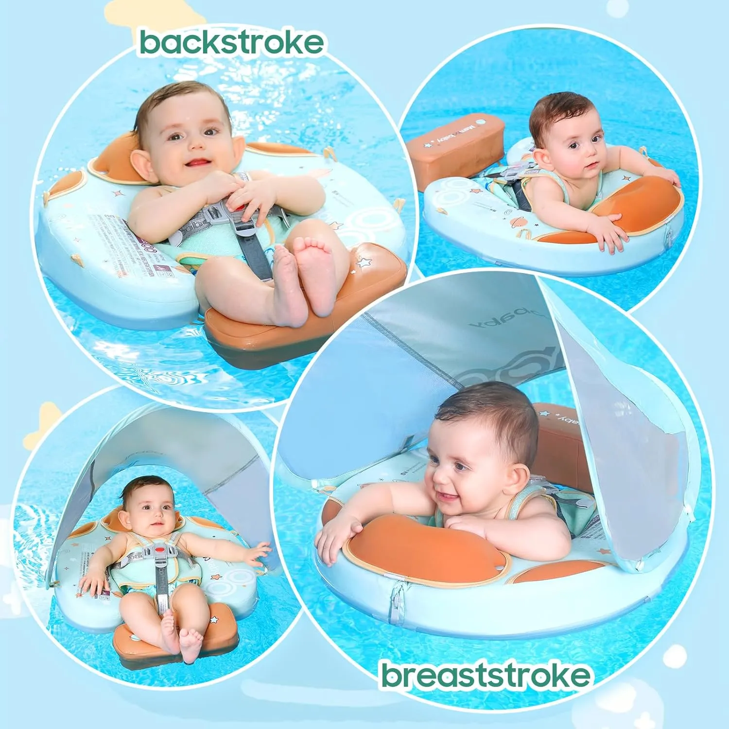 Mambobaby Non-Inflatable Baby Pool Float with Tail and Canopy UPF 50  Sun Protection No Flip Over Infant Swim Float Skin-Friendly Mambo Float Swim Trainer Solid Baby Swimming Ring Foldable Style