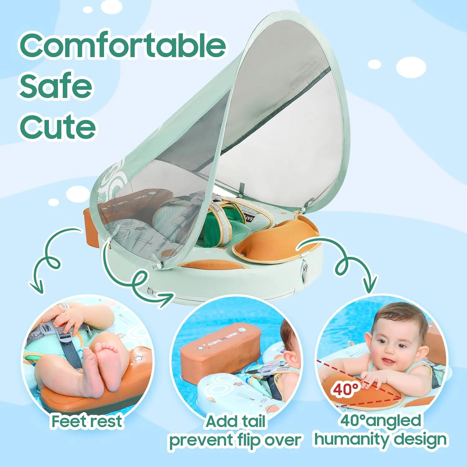 Mambobaby Non-Inflatable Baby Pool Float with Tail and Canopy UPF 50  Sun Protection No Flip Over Infant Swim Float Skin-Friendly Mambo Float Swim Trainer Solid Baby Swimming Ring Foldable Style