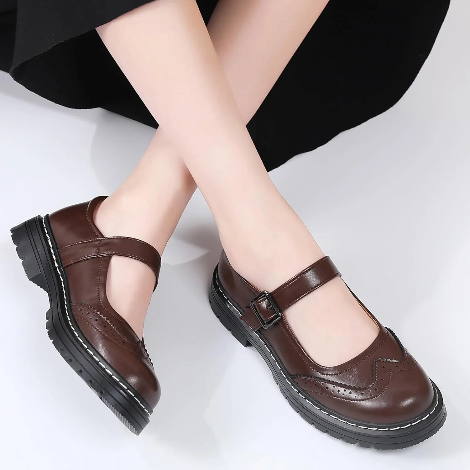 Mary Jane Shoes Women Platform Non-Slip Classics Round Toe Ankle Strap Comfort Casual Oxford Dress Work Mary Jane Flat Shoes