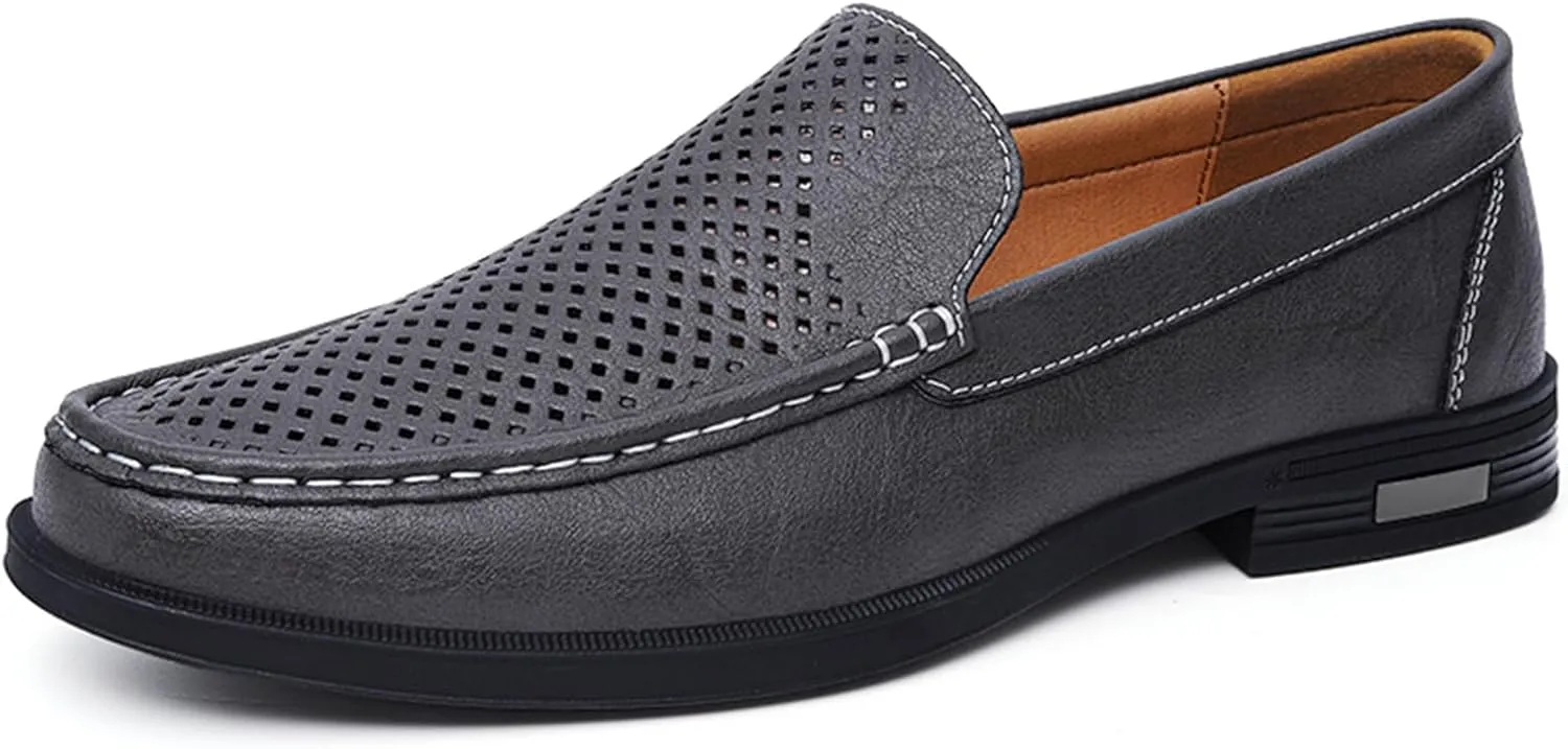 Mens Genuine Leather Slip-on Loafers Casual Hollow Breathable Comfort Penny Loafers Shoes Soft Sole Flat Dress Driving Causal Shoes