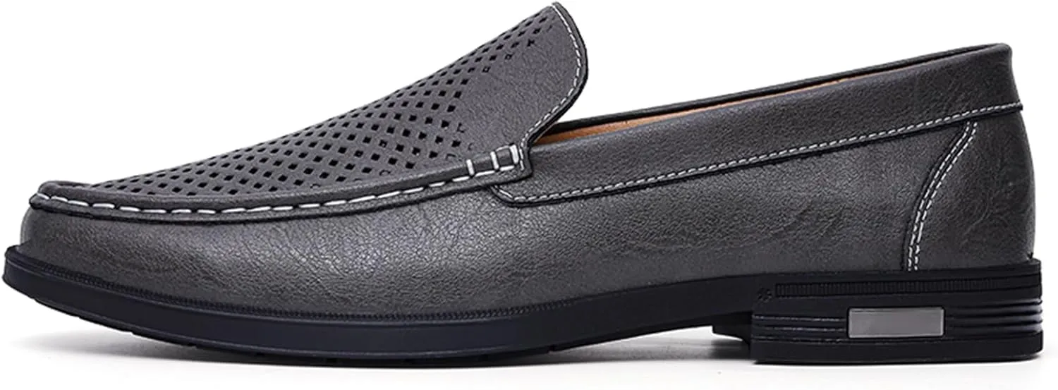 Mens Genuine Leather Slip-on Loafers Casual Hollow Breathable Comfort Penny Loafers Shoes Soft Sole Flat Dress Driving Causal Shoes