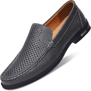 Mens Genuine Leather Slip-on Loafers Casual Hollow Breathable Comfort Penny Loafers Shoes Soft Sole Flat Dress Driving Causal Shoes