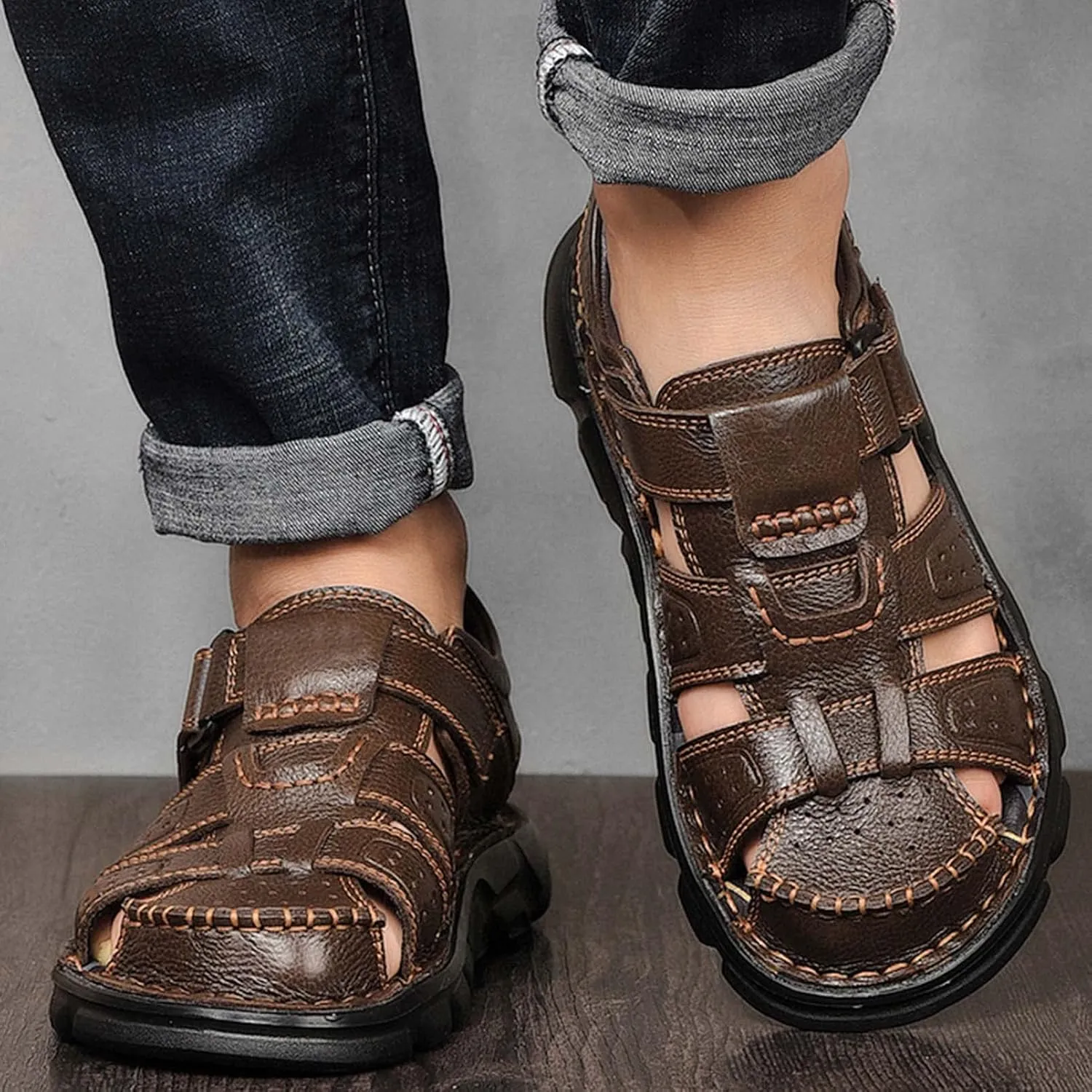 Men's Sport Sandals Closed Toe Outdoor Handmade Leather Sandal Adjustable Summer Fisherman Beach Shoes