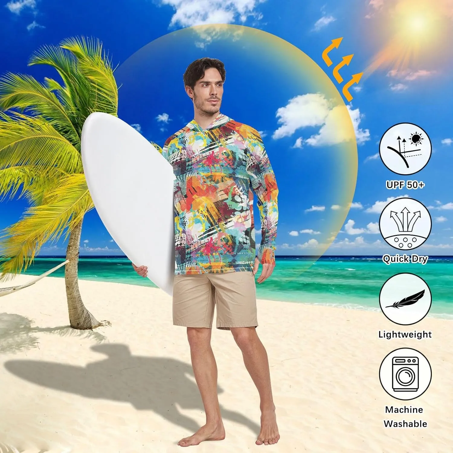 Mens Sun Hoodie Shirts UV Protection Long Sleeve Graffiti UPF 50   Sun Shirt with Hood Sailing Shirts Rash Guard Men