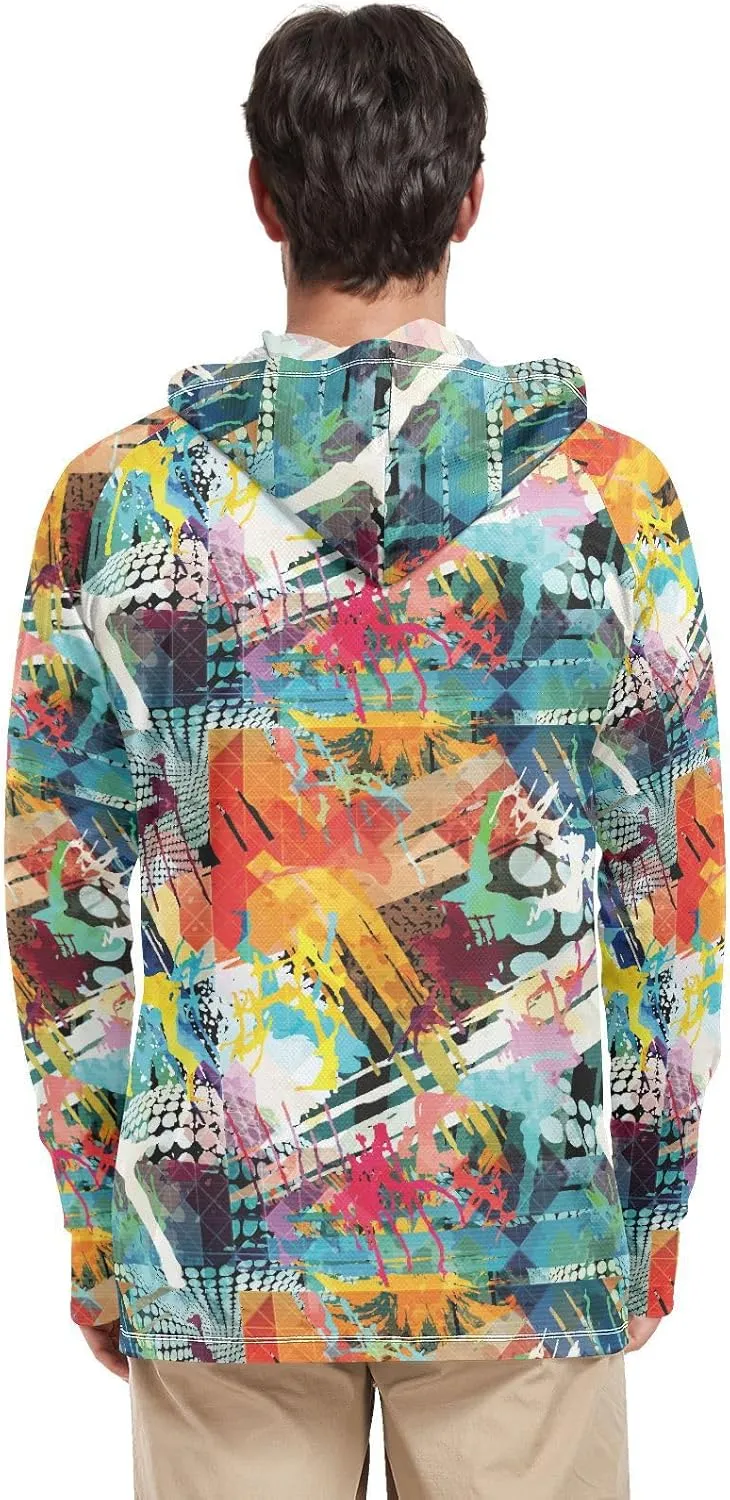 Mens Sun Hoodie Shirts UV Protection Long Sleeve Graffiti UPF 50   Sun Shirt with Hood Sailing Shirts Rash Guard Men