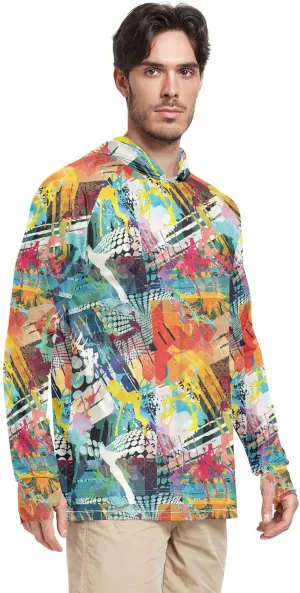 Mens Sun Hoodie Shirts UV Protection Long Sleeve Graffiti UPF 50   Sun Shirt with Hood Sailing Shirts Rash Guard Men