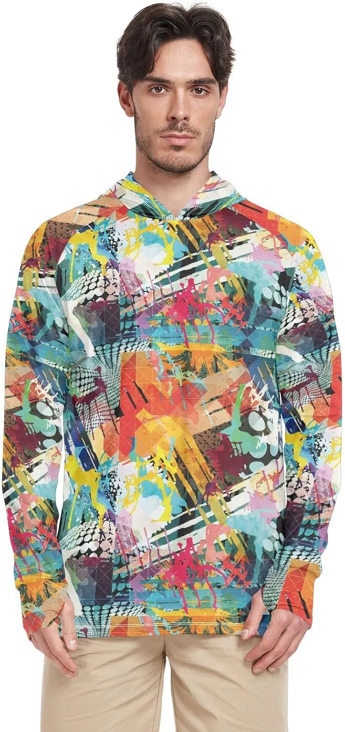 Mens Sun Hoodie Shirts UV Protection Long Sleeve Graffiti UPF 50   Sun Shirt with Hood Sailing Shirts Rash Guard Men