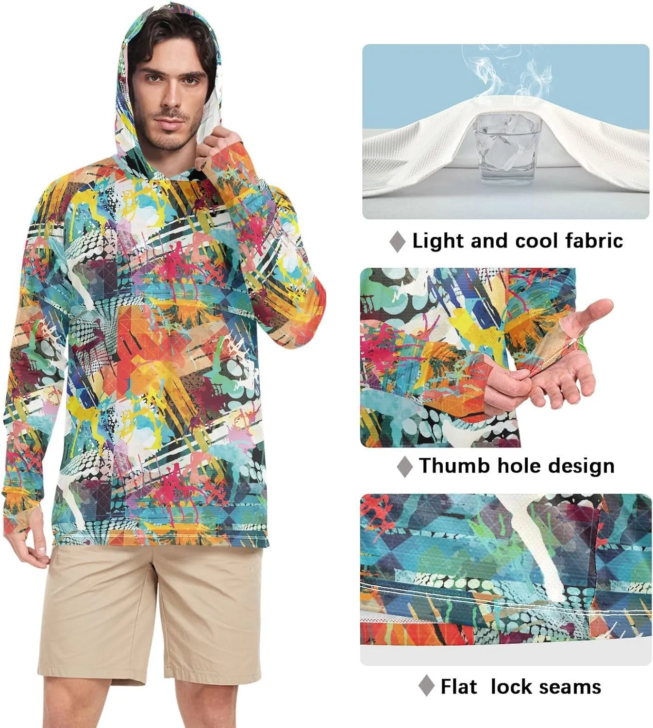 Mens Sun Hoodie Shirts UV Protection Long Sleeve Graffiti UPF 50   Sun Shirt with Hood Sailing Shirts Rash Guard Men