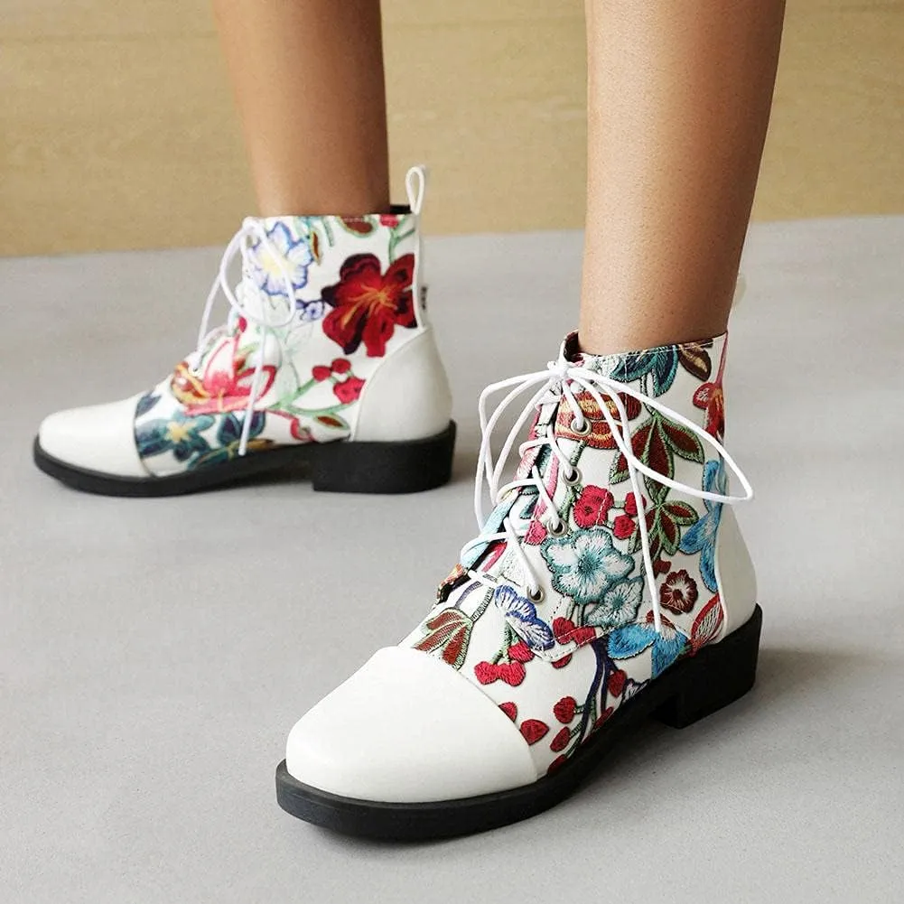 mikarka Womens Floral Embroidery Ankle Boots Round Toe Lace Up Low Chunky Heel Flat Boots Winter Booties
