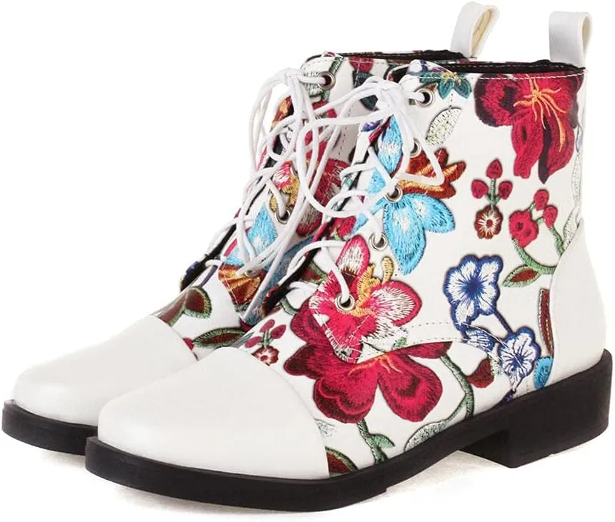 mikarka Womens Floral Embroidery Ankle Boots Round Toe Lace Up Low Chunky Heel Flat Boots Winter Booties