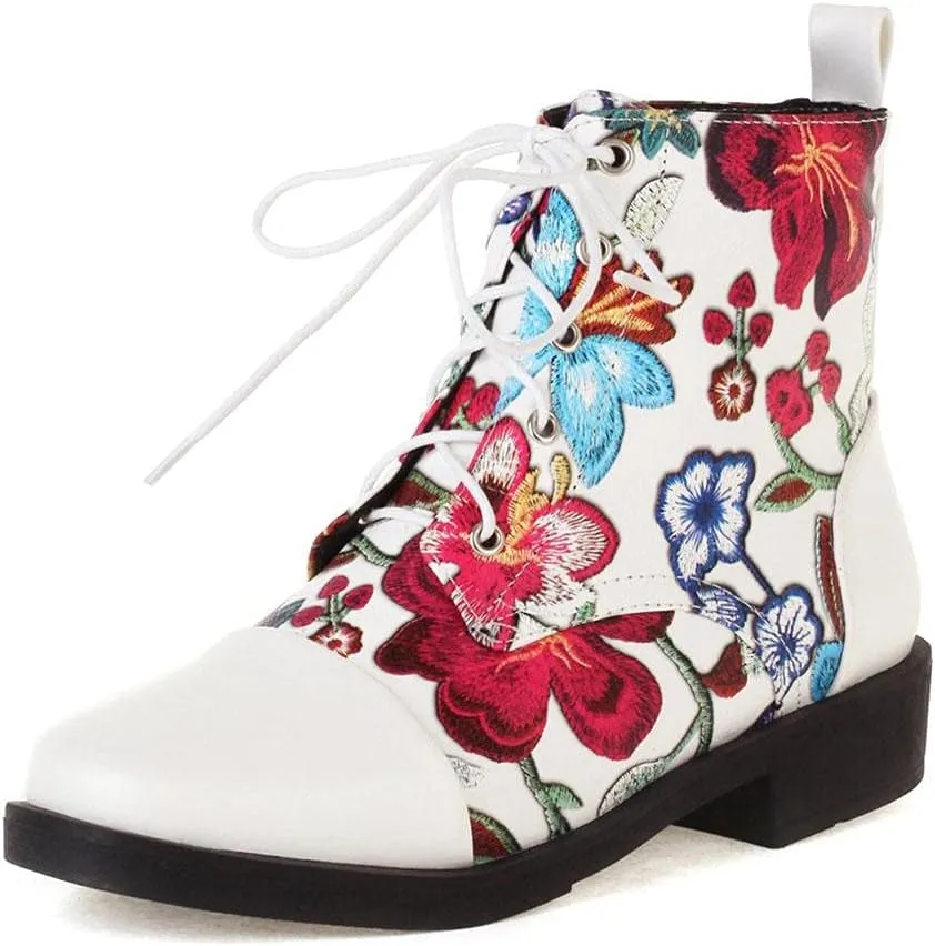 mikarka Womens Floral Embroidery Ankle Boots Round Toe Lace Up Low Chunky Heel Flat Boots Winter Booties