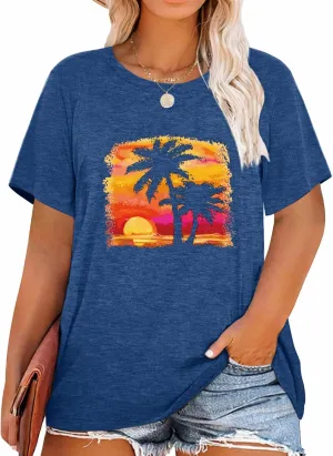 MK Shop Limited Plus Size Tops for Women Cute Vintage Graphic Tee Sunrise Camping Funny Print Casual Nature Travel Shirt