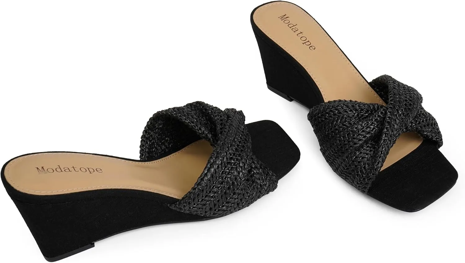 Modatope Wedge Sandals for Women Braided Wedge Heels Square Open Toe Raffia Dressy Womens Sandals
