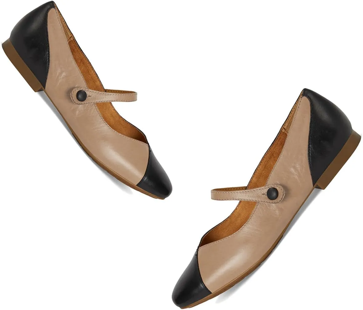 MOOMMO Women Retro Mary Jane Flats Round Toe Ankle Strap Flat Shoes Two Tone Mary Jane Walking Shoes Cap Toe Comfy Flat Heel Dress Shoes Patchwork Driver Flats Office Ladies 4-11 M US