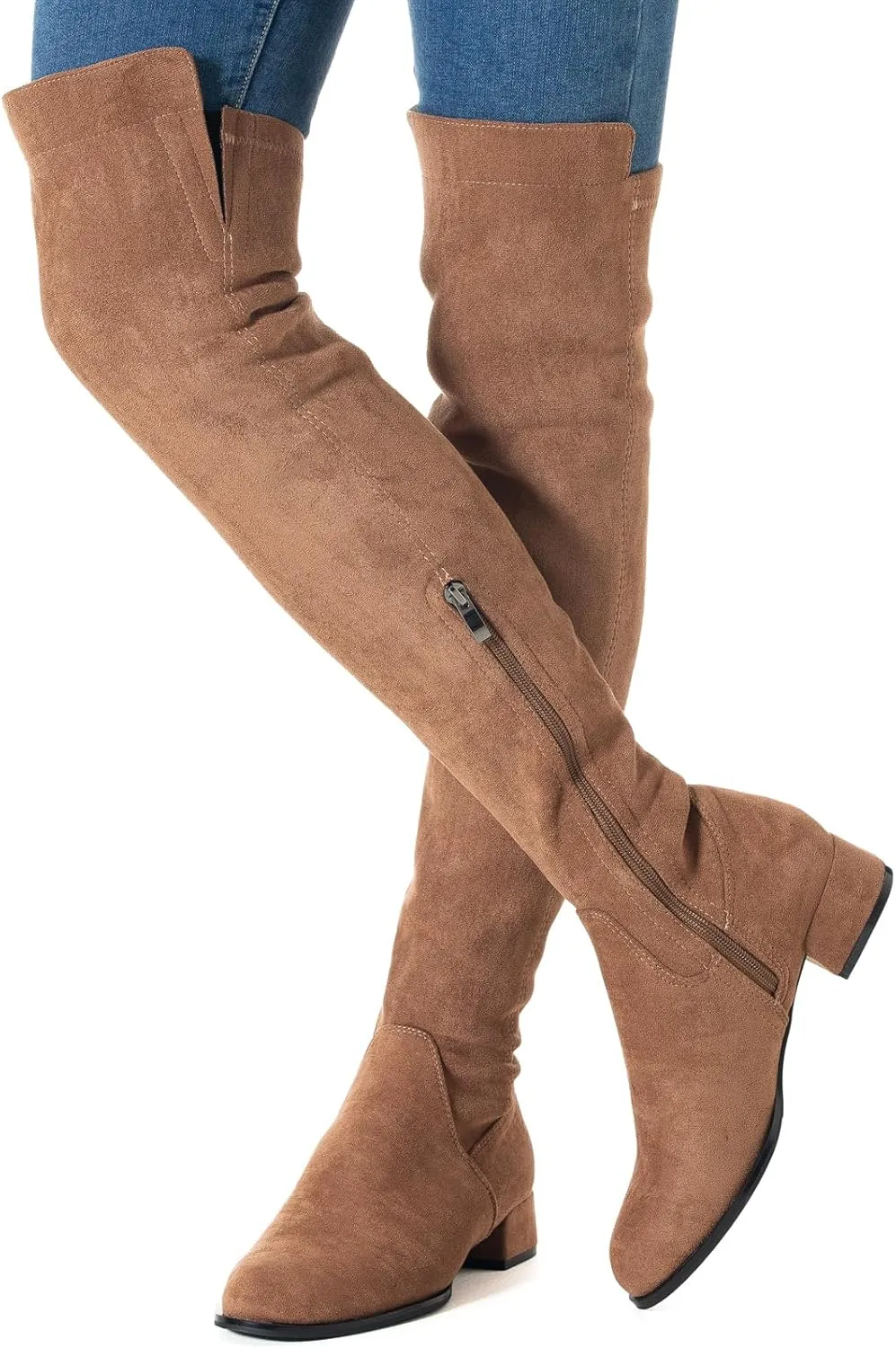 Mtzyoa Women Over The Knee Boots Suede Thigh High Low Block Heel Stretch OTK Walking Comfort