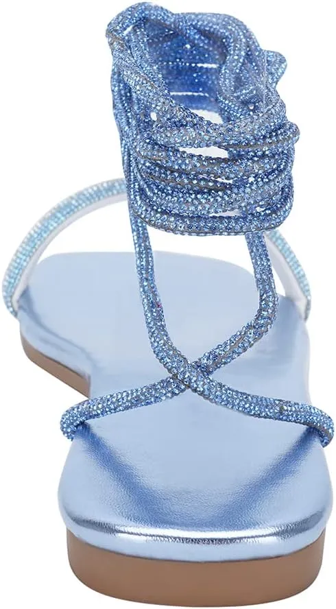 onlymaker Womens Lace up Rhinestone Flat Sandals Butterfly Ankle Wrap Tie up Round Toe Slide Summer Beach Sandals