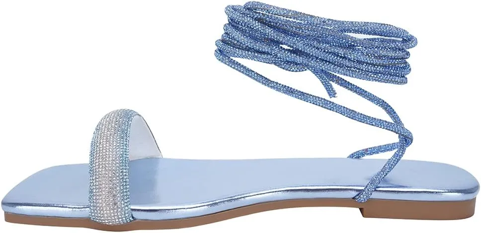 onlymaker Womens Lace up Rhinestone Flat Sandals Butterfly Ankle Wrap Tie up Round Toe Slide Summer Beach Sandals