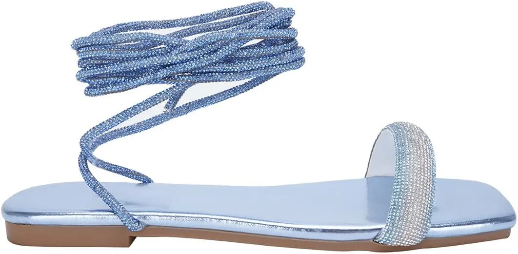 onlymaker Womens Lace up Rhinestone Flat Sandals Butterfly Ankle Wrap Tie up Round Toe Slide Summer Beach Sandals