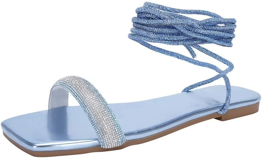 onlymaker Womens Lace up Rhinestone Flat Sandals Butterfly Ankle Wrap Tie up Round Toe Slide Summer Beach Sandals