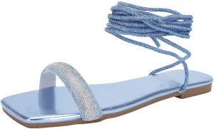 onlymaker Womens Lace up Rhinestone Flat Sandals Butterfly Ankle Wrap Tie up Round Toe Slide Summer Beach Sandals