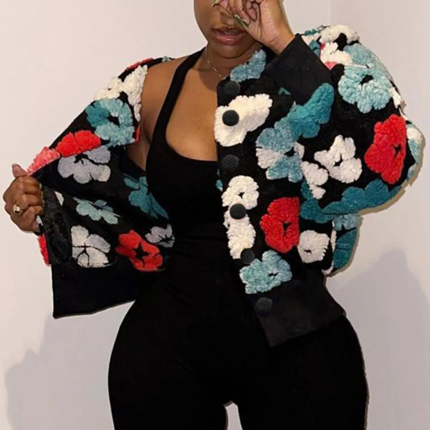 OPCAKM Women's Cropped Floral Print Shacket Jackets Round Neck Long Sleeve Bomber Coat Outerwears