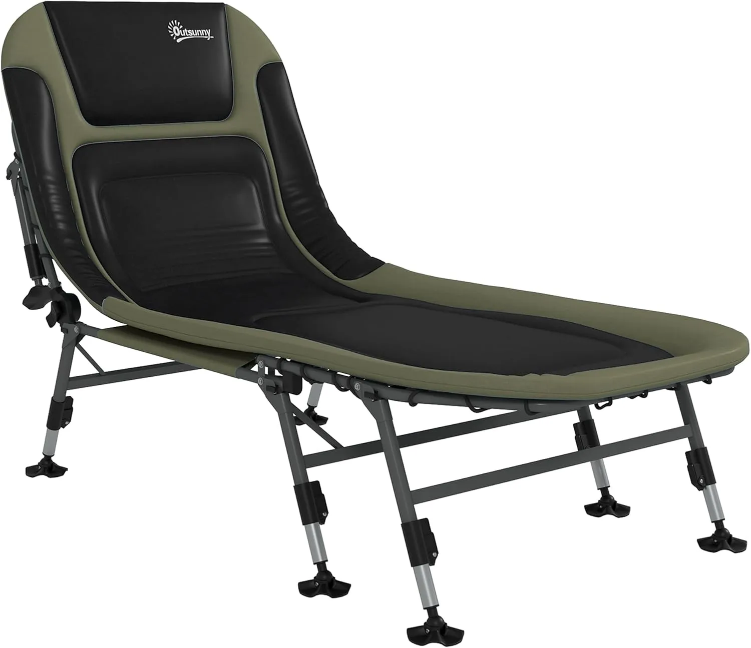Outsunny Camping Cot for Adults, Folding Bed with Soft Padded Cushions & Headrest, 180° Adjustable Reclining Lounger, Heavy Duty and Portable with a 400 lbs. Capacity, Dark Green