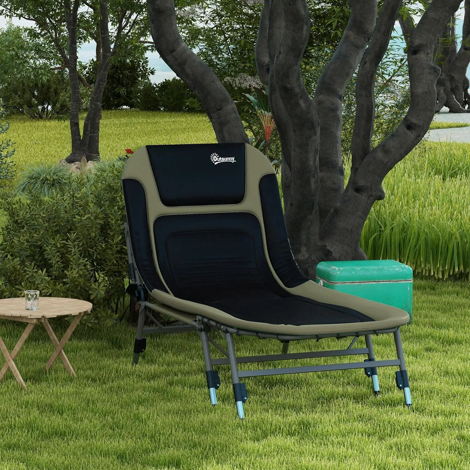 Outsunny Camping Cot for Adults, Folding Bed with Soft Padded Cushions & Headrest, 180° Adjustable Reclining Lounger, Heavy Duty and Portable with a 400 lbs. Capacity, Dark Green