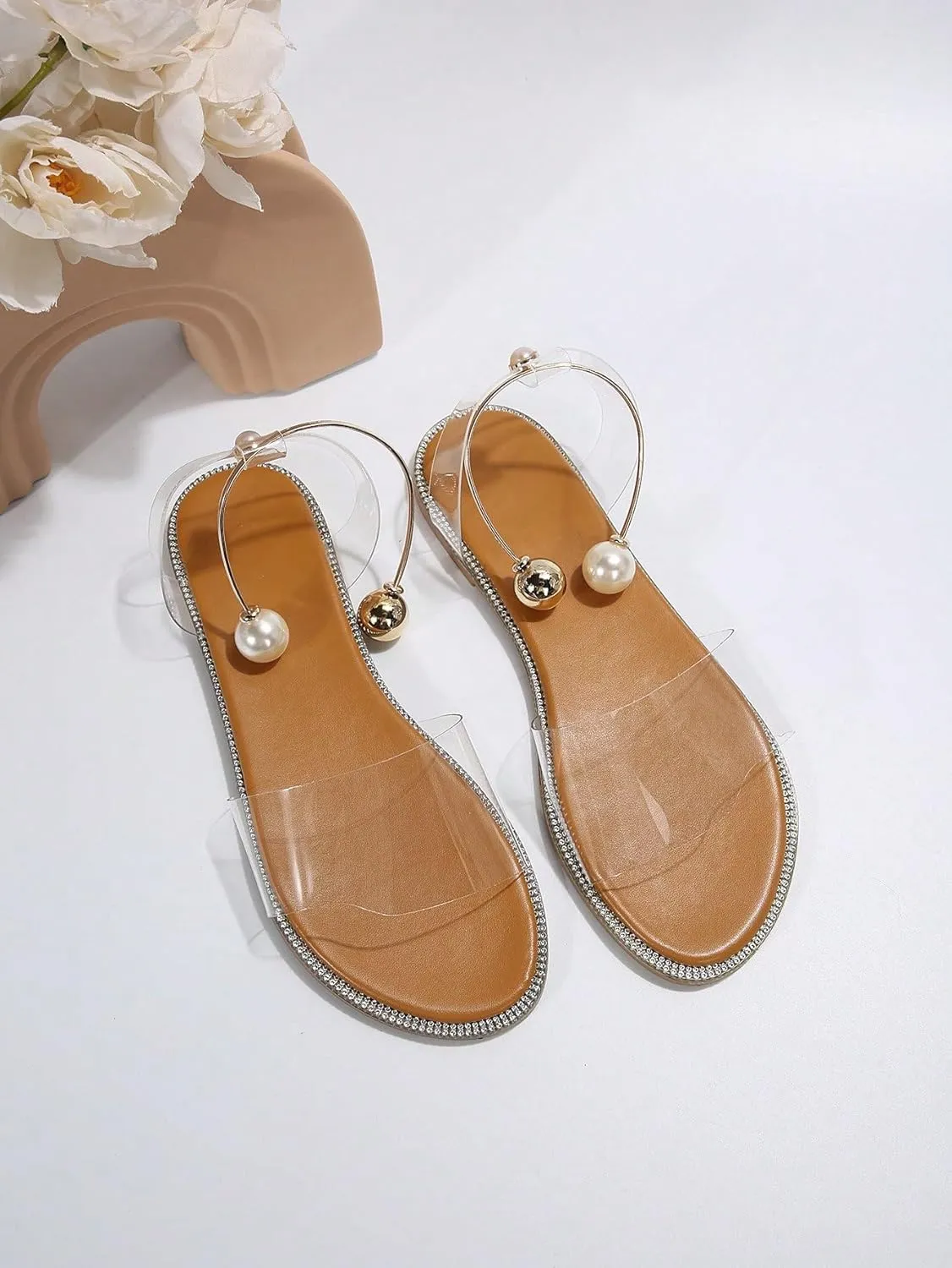 OYOANGLE Women's Pearl Decor Clear Straps Open Toe Flat Sandals Leather Outdoor Beach Sandals