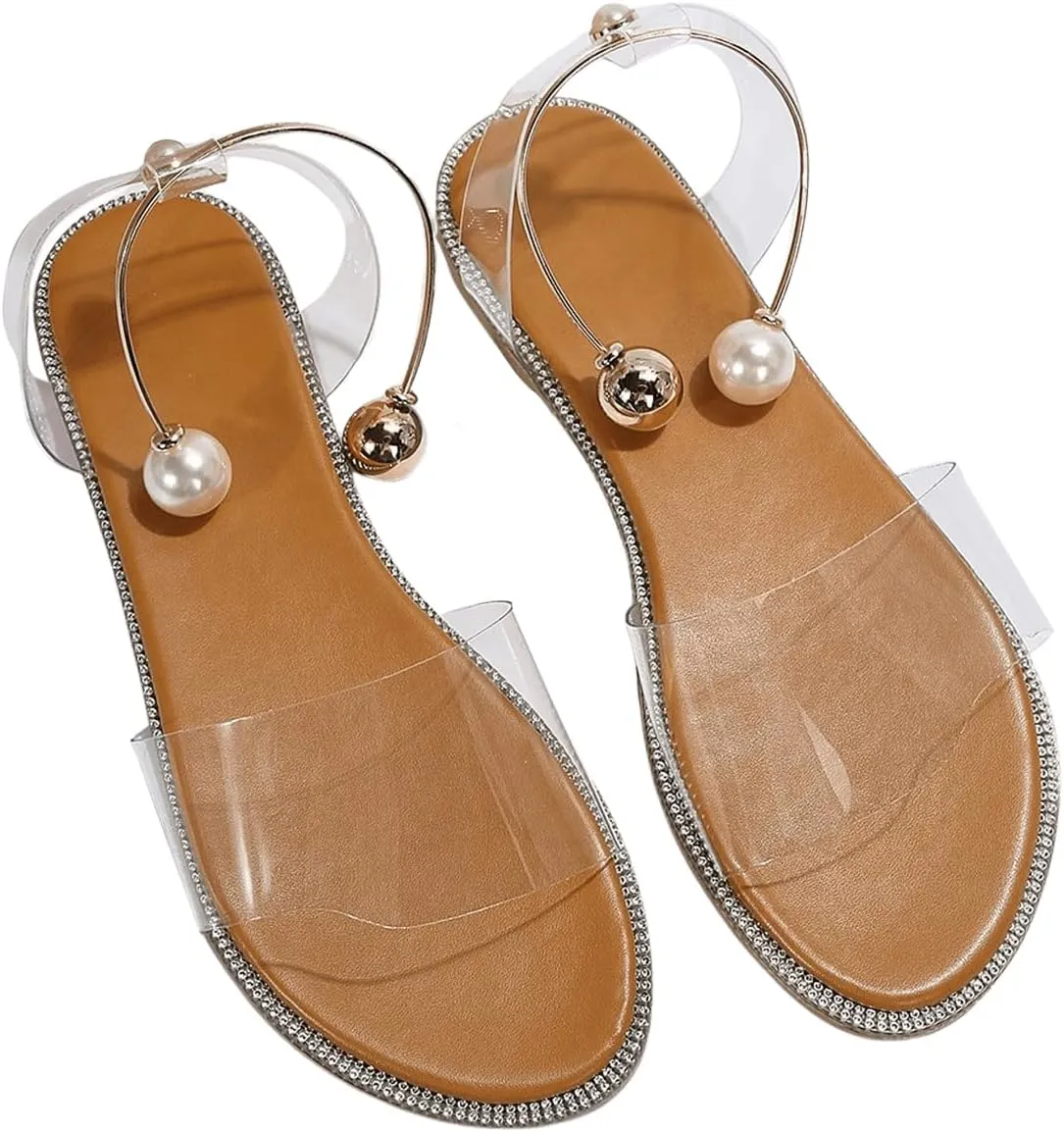 OYOANGLE Women's Pearl Decor Clear Straps Open Toe Flat Sandals Leather Outdoor Beach Sandals